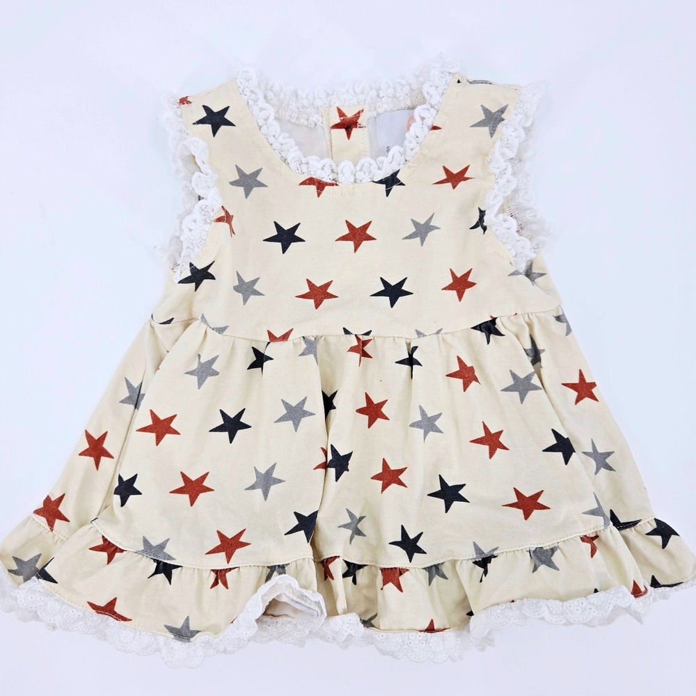 Smocked Sweets Star Print Ruffle Dress Cream Navy Rust Toddler Girl Size 2 Twirl